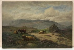Fine Victorian Scottish Oil Painting Highland Cattle Misty Mountain Landscape
