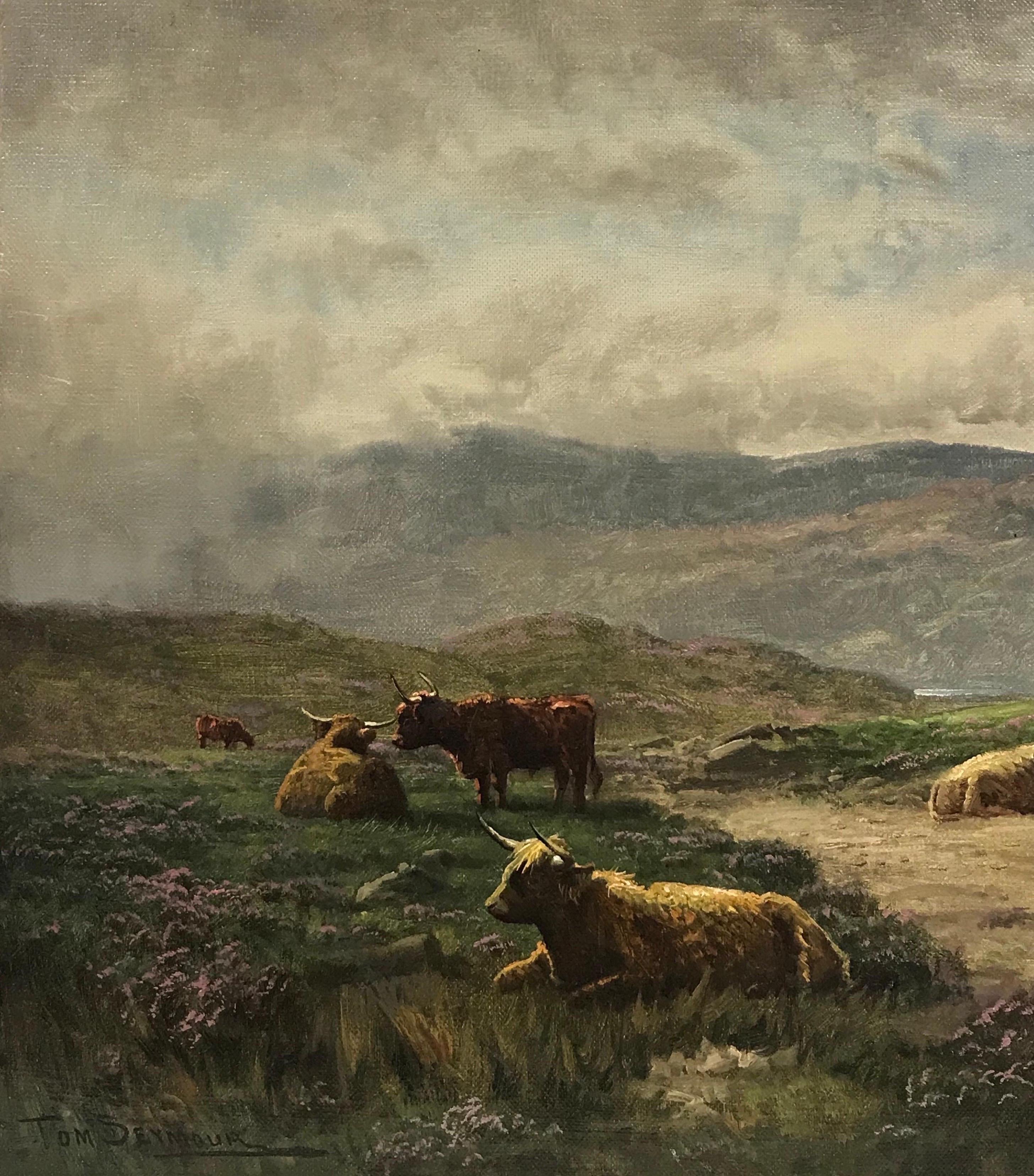 Raffinato dipinto a olio scozzese vittoriano Highland Cattle Misty Mountain Landscape (Paesaggio montano nebbioso) - Painting Vittoriano di Tom Seymour