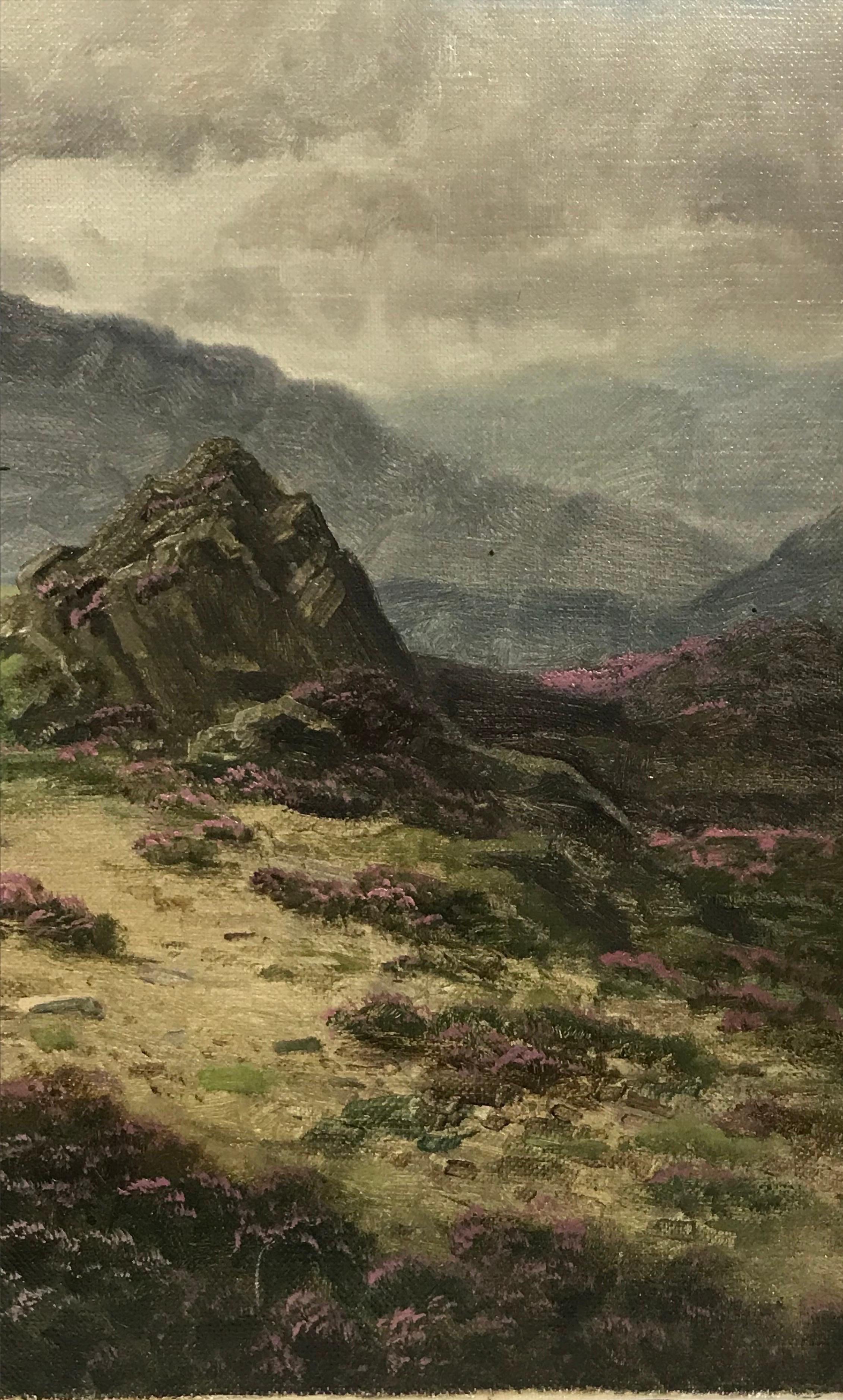 Raffinato dipinto a olio scozzese vittoriano Highland Cattle Misty Mountain Landscape (Paesaggio montano nebbioso) in vendita 1