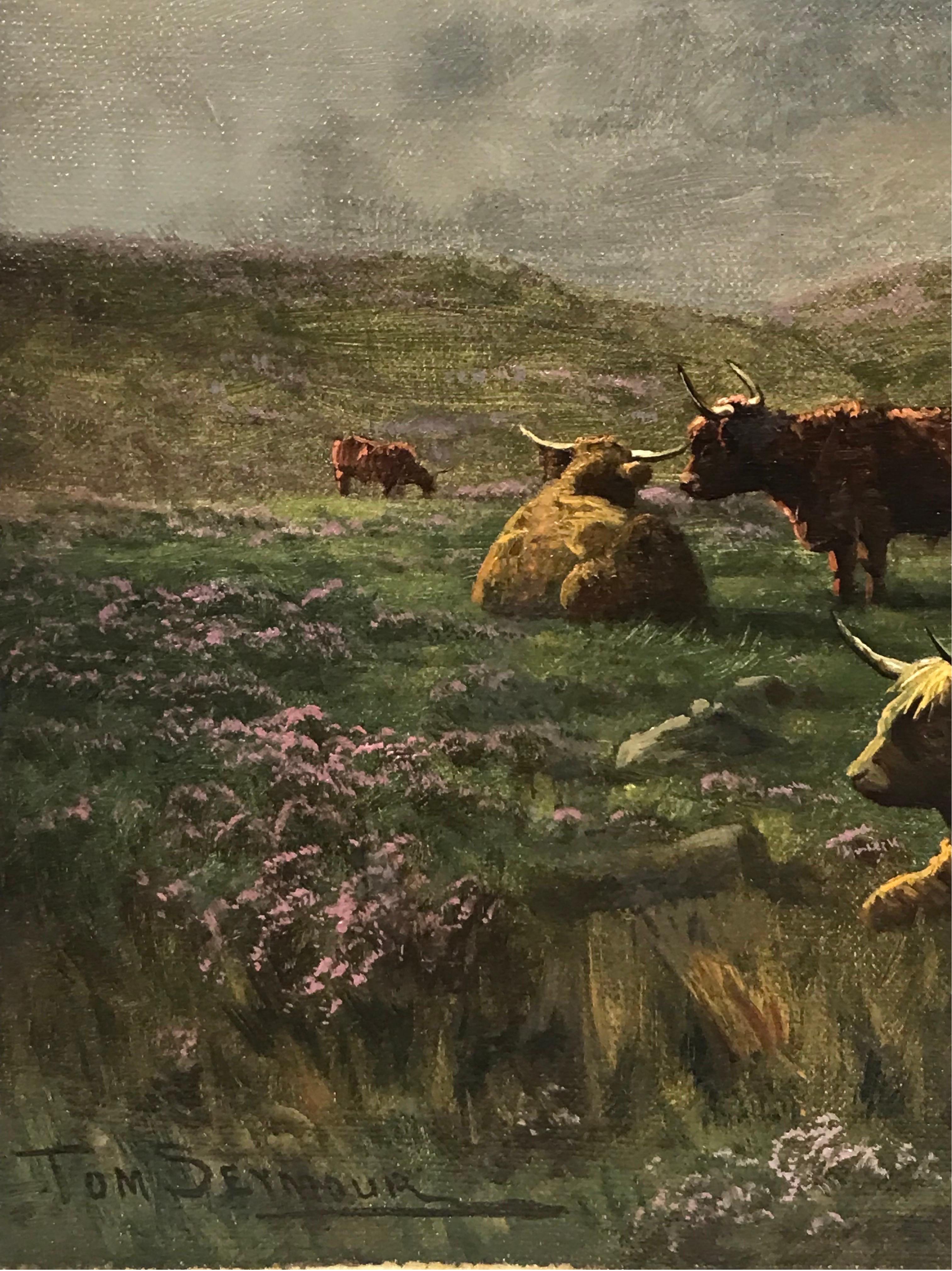 Raffinato dipinto a olio scozzese vittoriano Highland Cattle Misty Mountain Landscape (Paesaggio montano nebbioso) in vendita 2