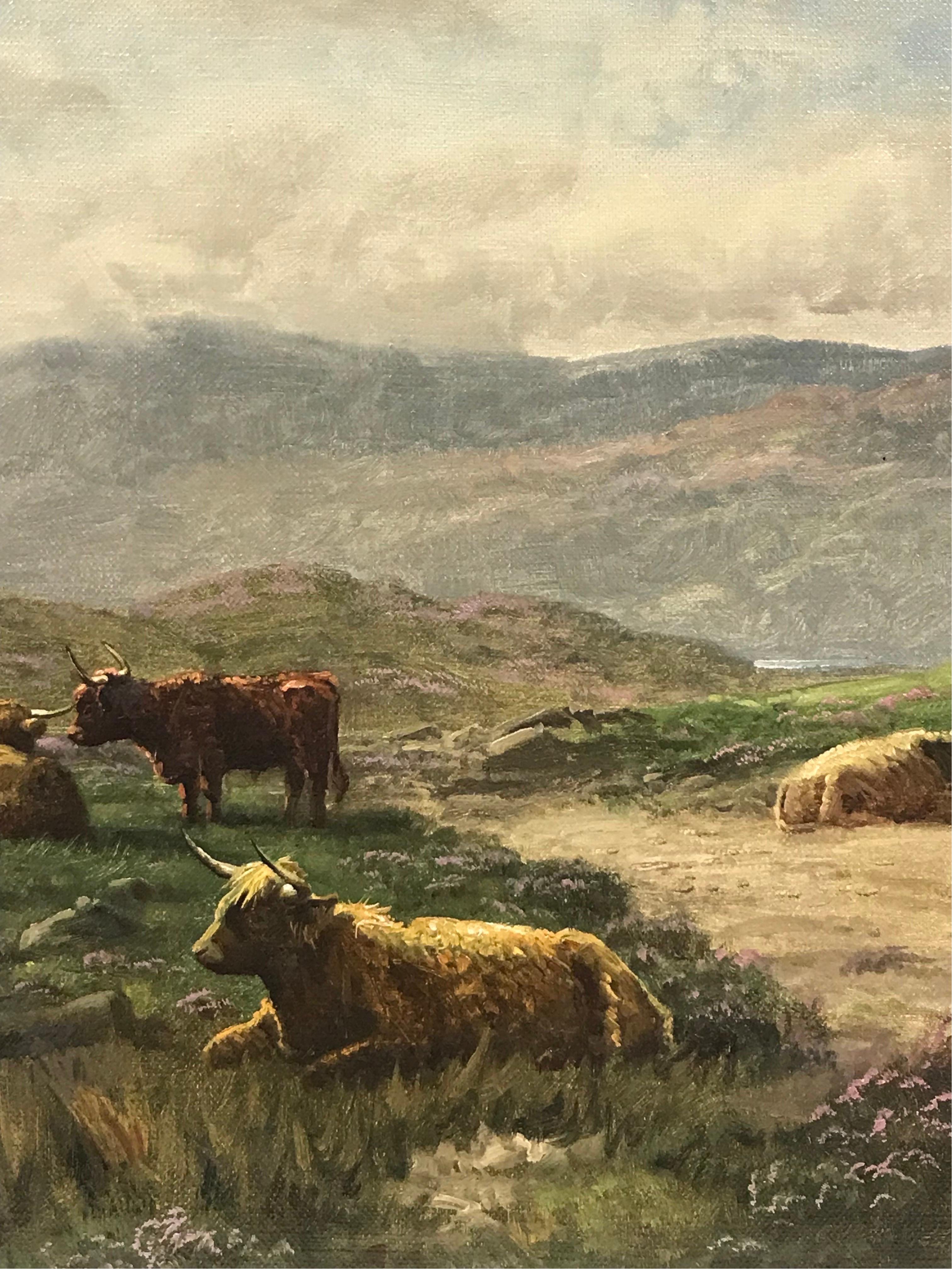 Raffinato dipinto a olio scozzese vittoriano Highland Cattle Misty Mountain Landscape (Paesaggio montano nebbioso) in vendita 3