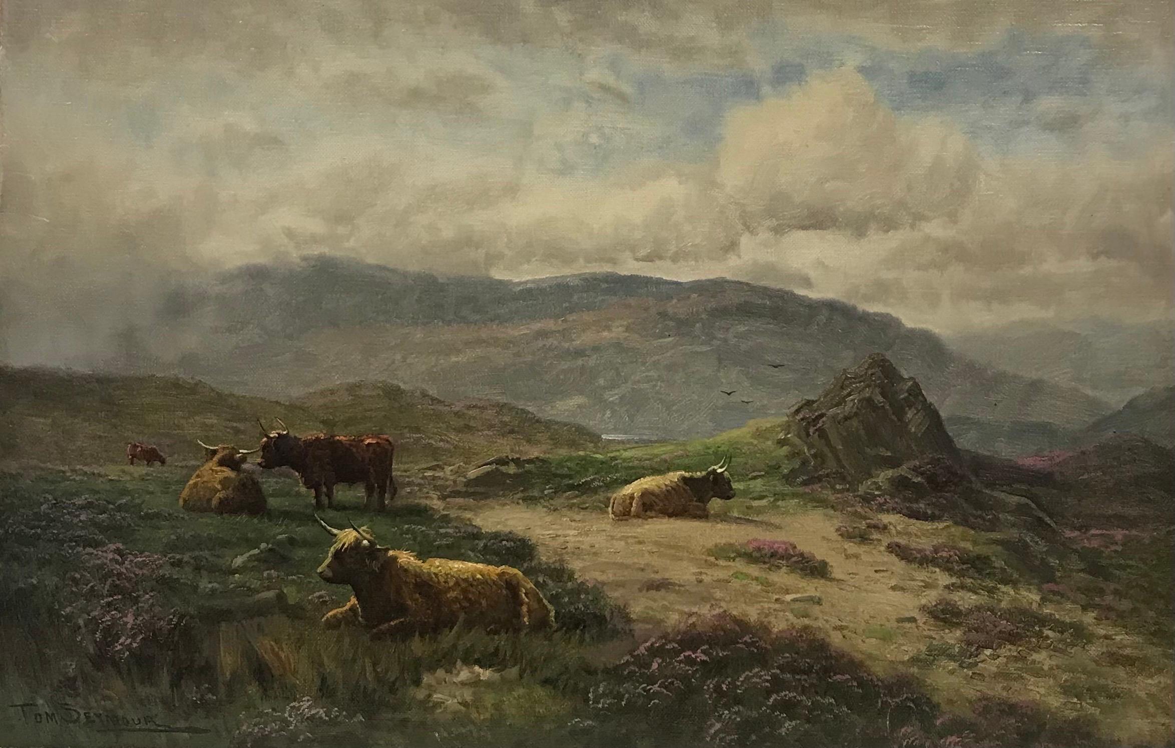 Animal Painting di Tom Seymour - Raffinato dipinto a olio scozzese vittoriano Highland Cattle Misty Mountain Landscape (Paesaggio montano nebbioso)