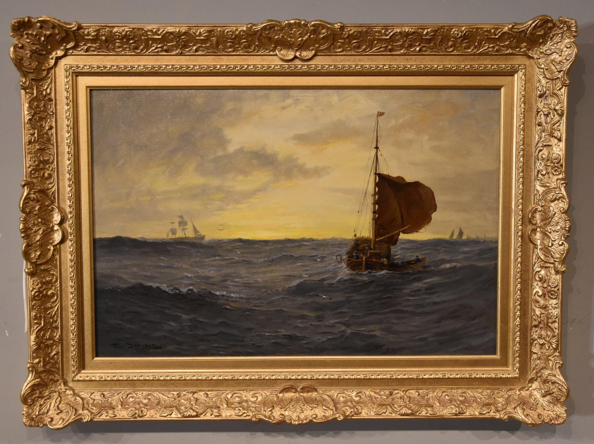 Ölgemälde von Tom Seymour "Sonnenaufgang in der Nordsee" 1844 - 1904 Maler von stimmungsvollen Landschaften und Küstenlandschaften, insbesondere zu Zeiten des Wechsels von Tag und Nacht. Öl auf Leinwand. Signierter Titel verso

Maße ungerahmt 16 x