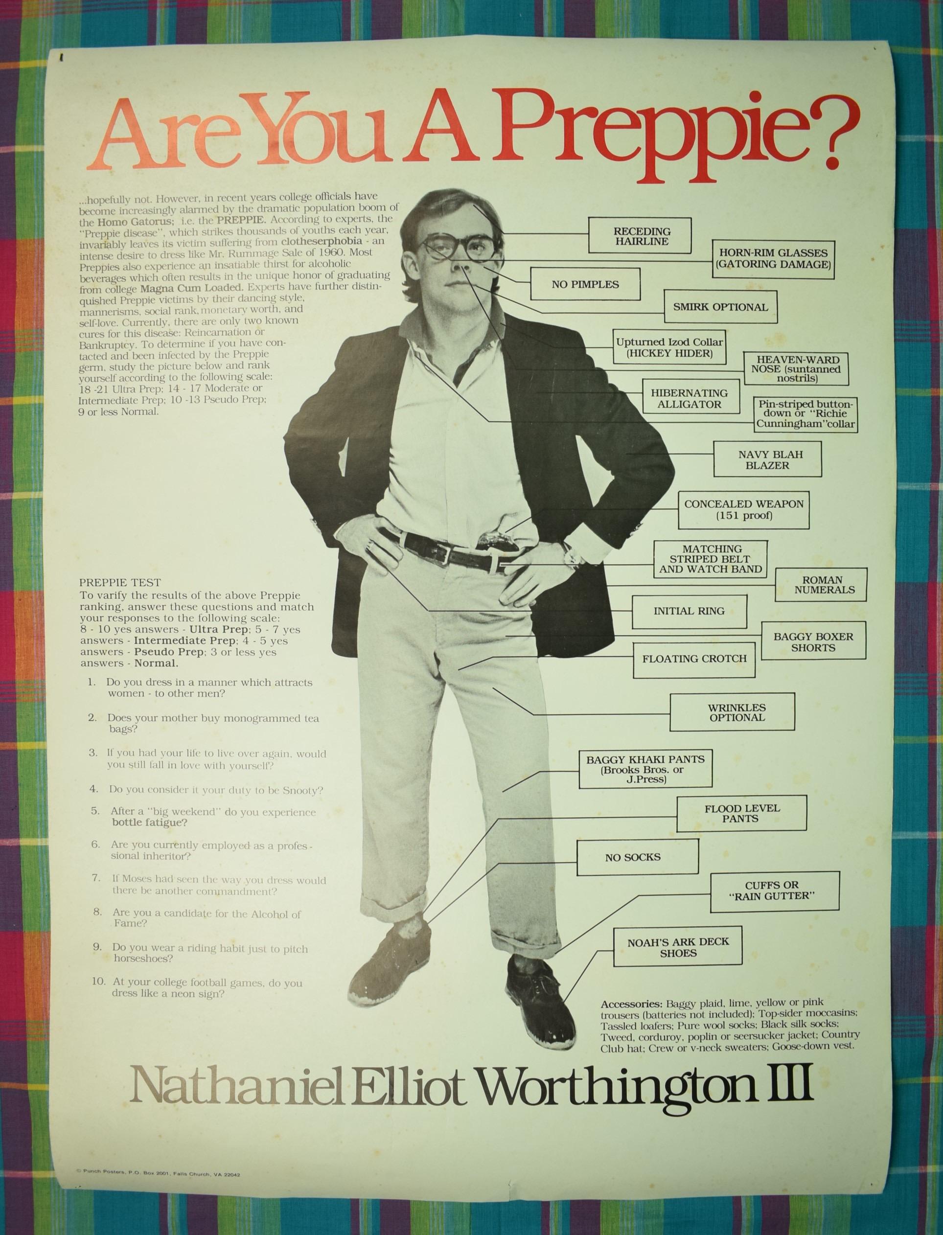 "Are You a Preppie?" Nathaniel Elliot Worthington III c1979 Poster (NOS) - Print by Tom Shadyac