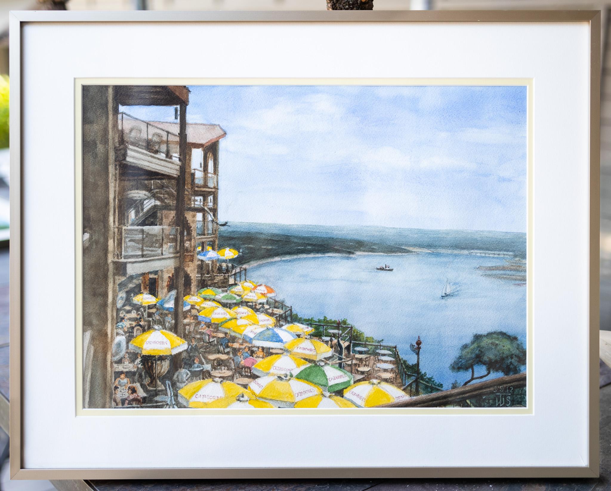 „Lunch on the Lake“ Aquarelllandschaft des Travis-Sees in Austin, Texas – Painting von Tom Shefelman