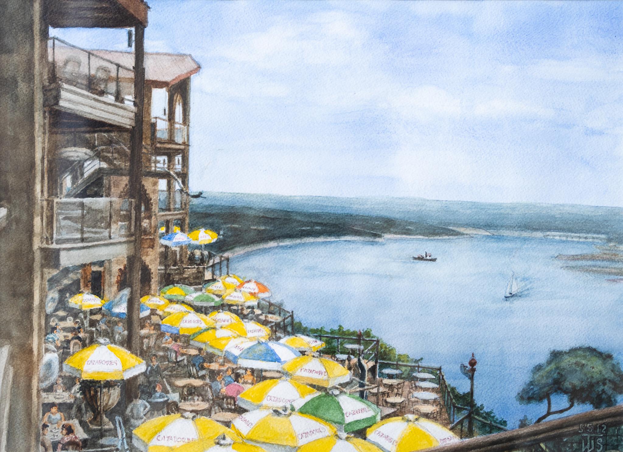Tom Shefelman Landscape Painting - "Lunch on the Lake" Watercolor Landscape of Lake Travis in Austin, Texas