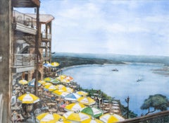 Vintage "Lunch on the Lake" Watercolor Landscape of Lake Travis in Austin, Texas