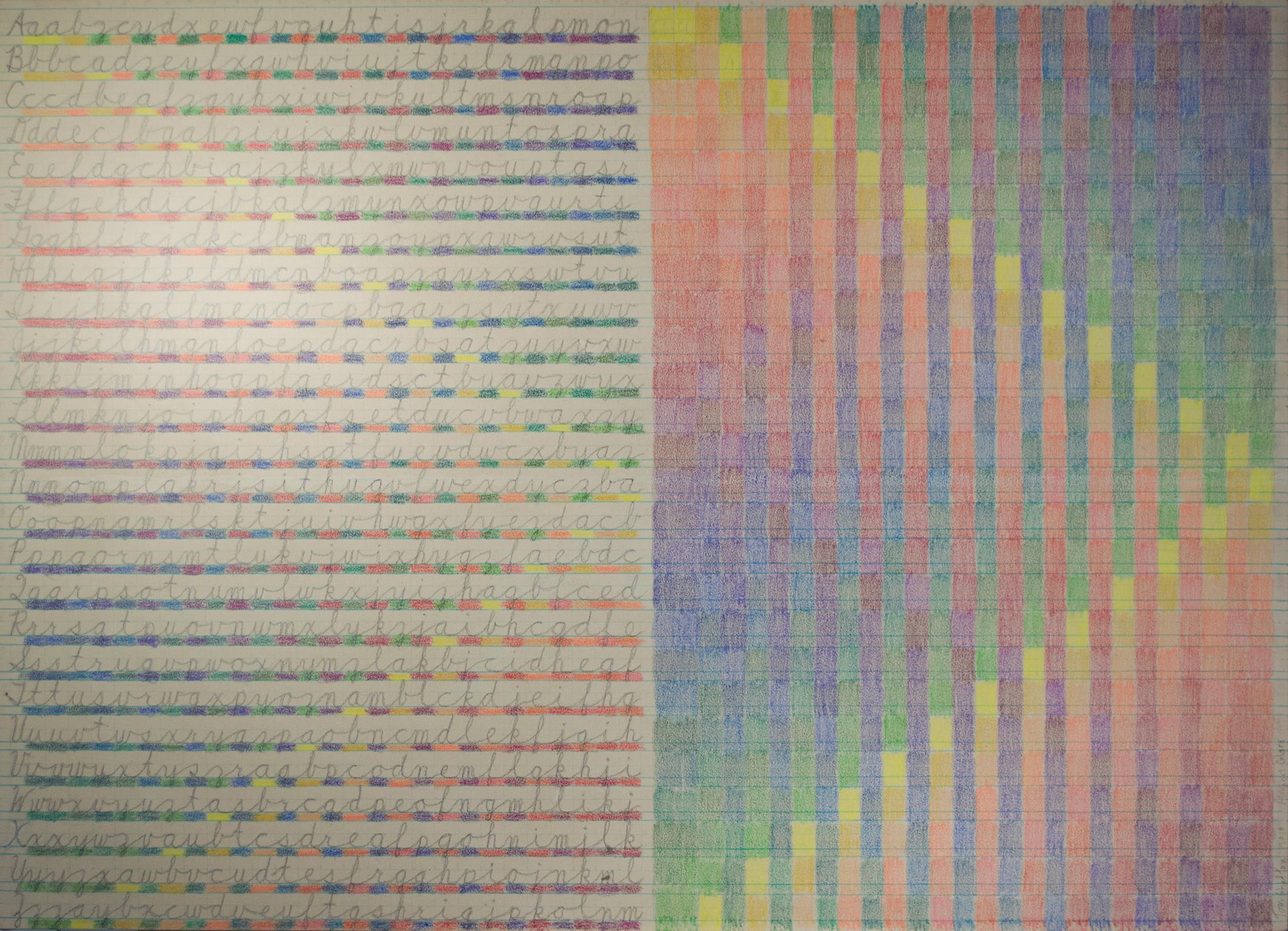 "Colori dell'alfabeto", pastello, matita colorata, inchiostro su tela di Tom Shelton