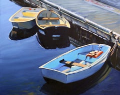 "Blue Morning"  Three Row Boats With Deep Blue Water Reflections
