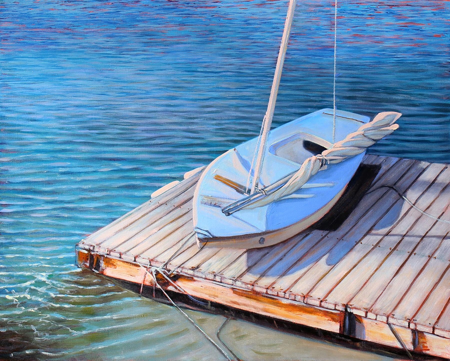 Tom Swimm Landscape Painting – "Blues in der Bucht" Hafen mit brillanten Wasserreflexionen
