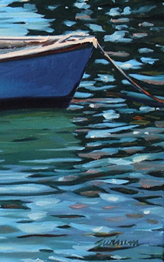 Holzboot ""Blues In The Bay" mit leuchtenden Wasserreflektoren, getätzt