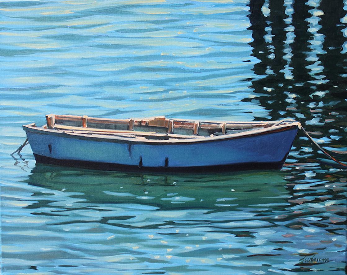 Tom Swimm Landscape Painting -  "Blues In The Bay" Wooden Boat Tied Up With Glowing Water Reflections