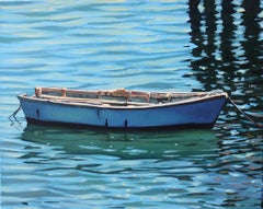 "Blues In The Bay" Wooden Boat Tied Up With Glowing Water Reflections
