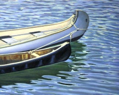  "Canoe Reflections" Wooden Boats Floating with Glowing Water Reflections
