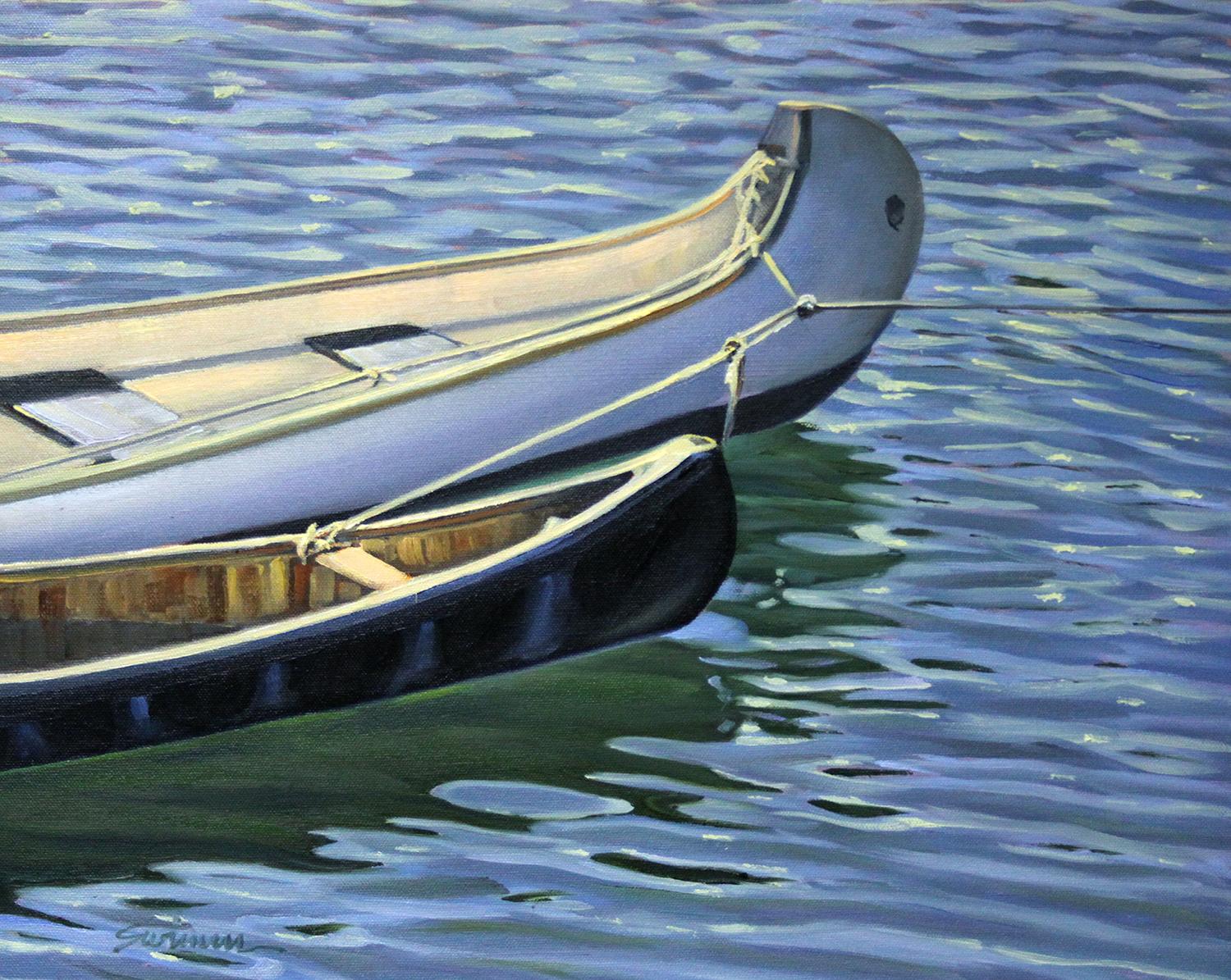 Tom Swimm Landscape Painting -  "Canoe Reflections"  Wooden Canoes Tied Up With Glowing Water Reflections