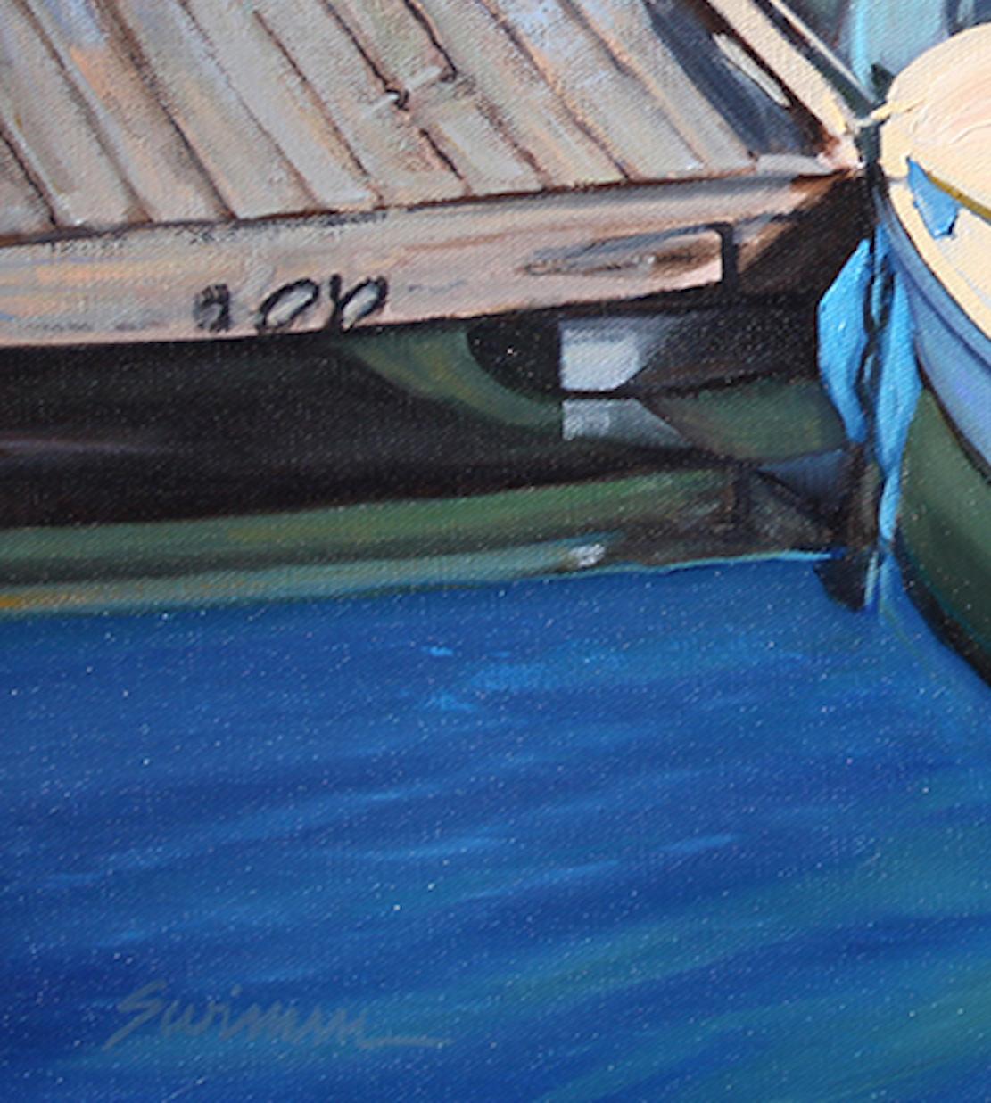  „Cape Ann Trio“ Holzboot mit leuchtenden Wasserreflektoren, aufgehängt (Amerikanischer Realismus), Painting, von Tom Swimm