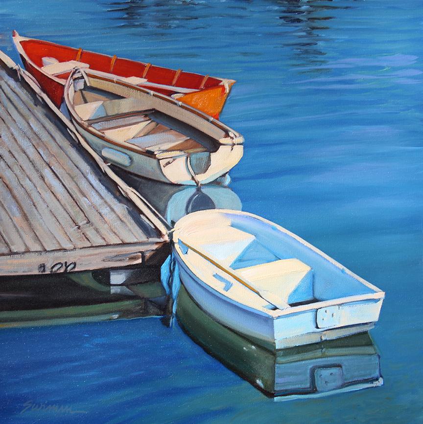 Tom Swimm Landscape Painting –  „Cape Ann Trio“ Holzboot mit leuchtenden Wasserreflektoren, aufgehängt