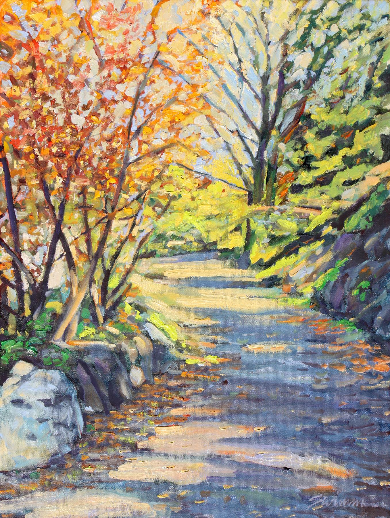 Tom Swimm Landscape Painting -  "Central Park Shadow"  Path with Colorful Shadows Oil Painting