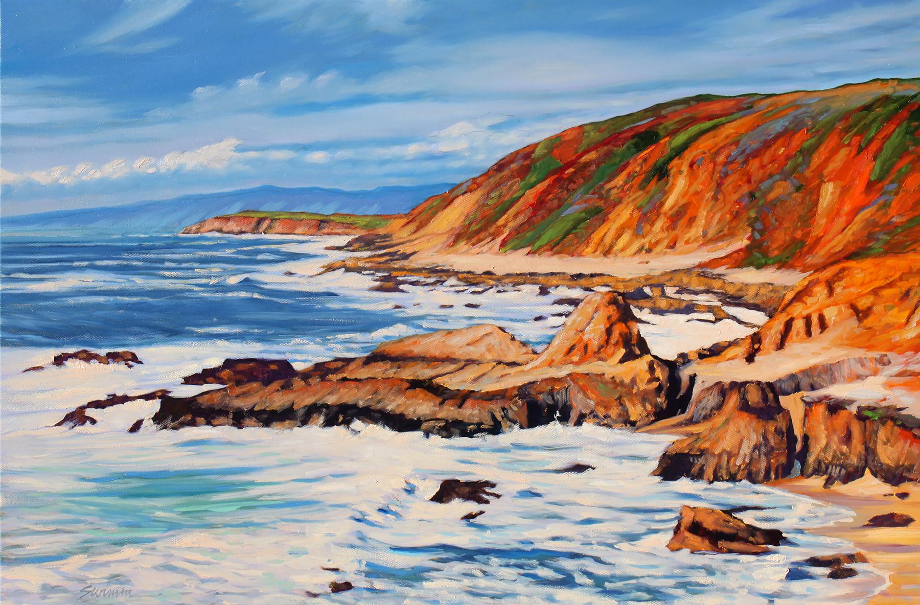 Tom Swimm Landscape Painting -  "Clouds & Surf" With Colorful Water Reflections Oil Painting