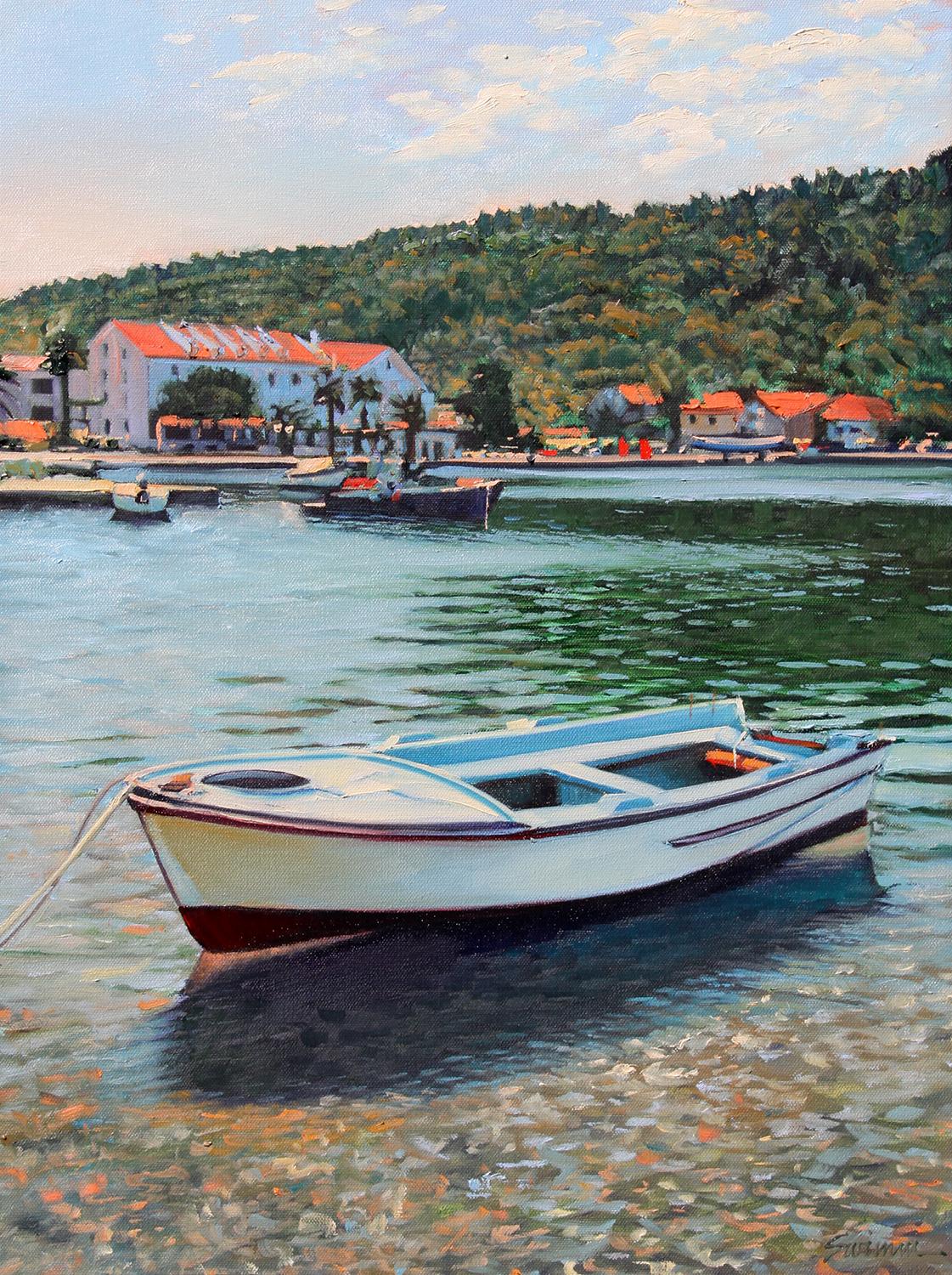 Tom Swimm Landscape Painting -  "Colors Of Croatia" Fishing Boat In Harbor With Brilliant Water Reflections