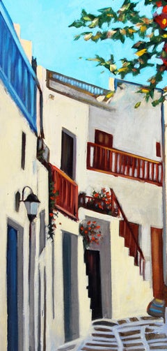 "Colores de Mykonos, " Escena callejera con flores rojas y puerta azul