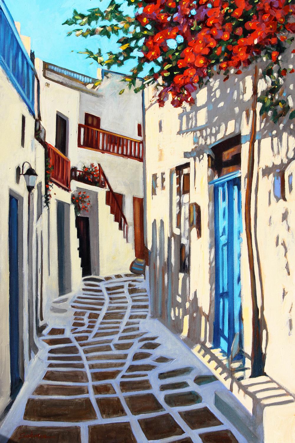 Tom Swimm Landscape Painting - "Colors of Mykonos, " Street Scene with Red Flowers and Blue Door