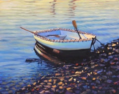"Golden Moment"  Row Boat With Deep Blue Water Reflections Oil Painting
