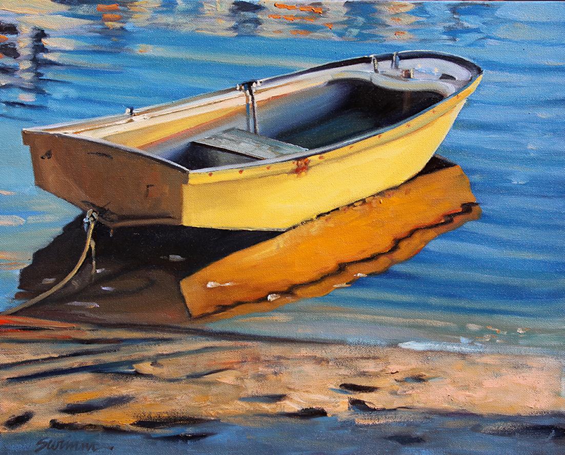 Landscape Painting de Tom Swimm - "Reflejos dorados" Barco de madera amarrado con reflejos de agua brillante