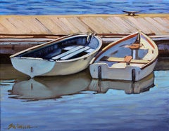 "Harbor Buddies" Wooden Boats Tied Up With Glowing Water Reflections