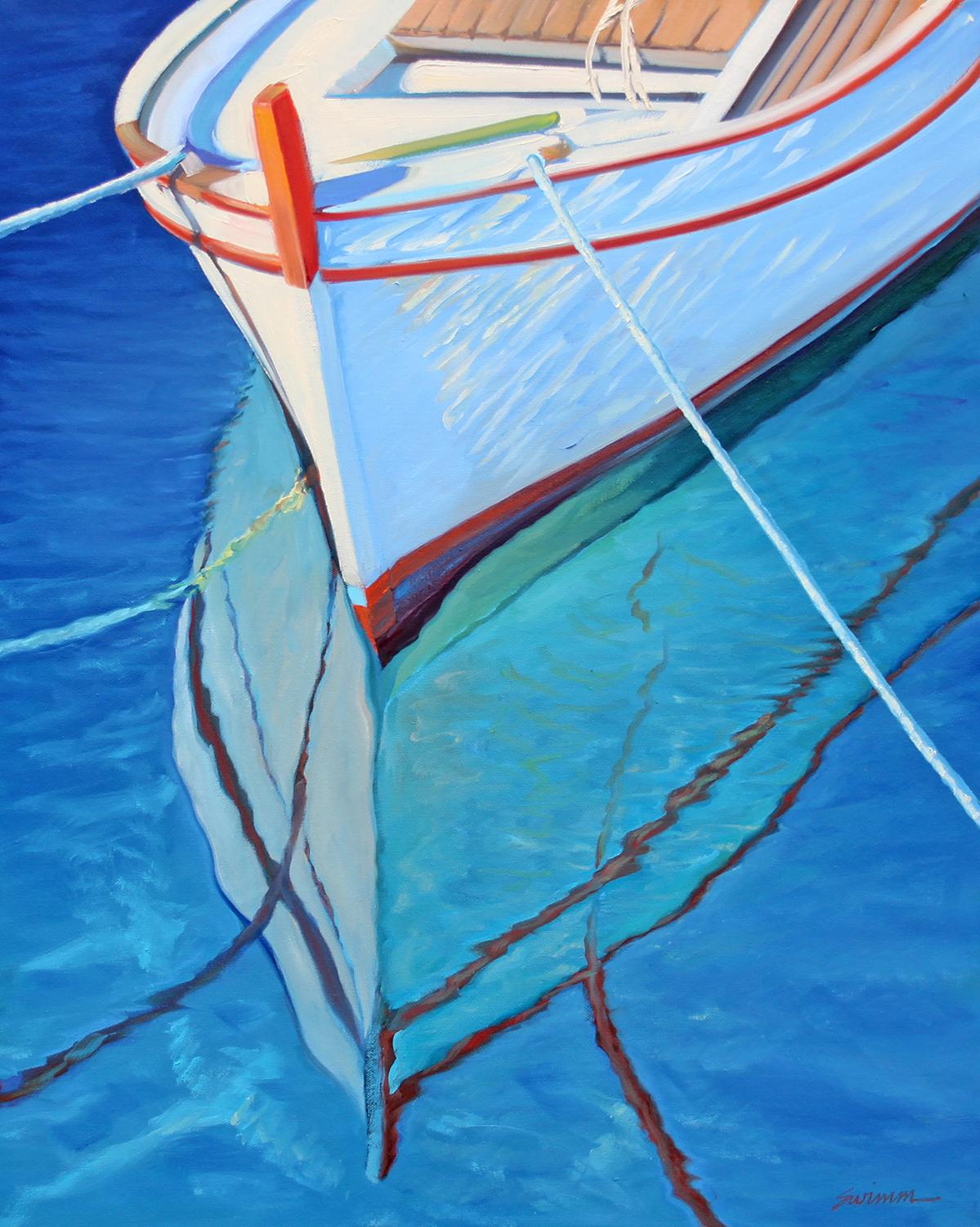 Tom Swimm Landscape Painting -  "Harbor Symmetry" Wooden Boat Tied Up With Glowing Water Reflections