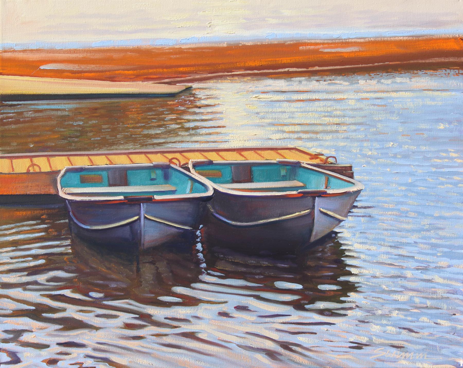 Tom Swimm Landscape Painting –  „ „Harbor Twins““  Boote mit bunten Wasserreflektoren, Ölgemälde