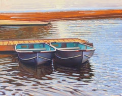 oil paintings of boats in water "Harbor Twins" Boats With Colorful Water Reflections Oil Painting