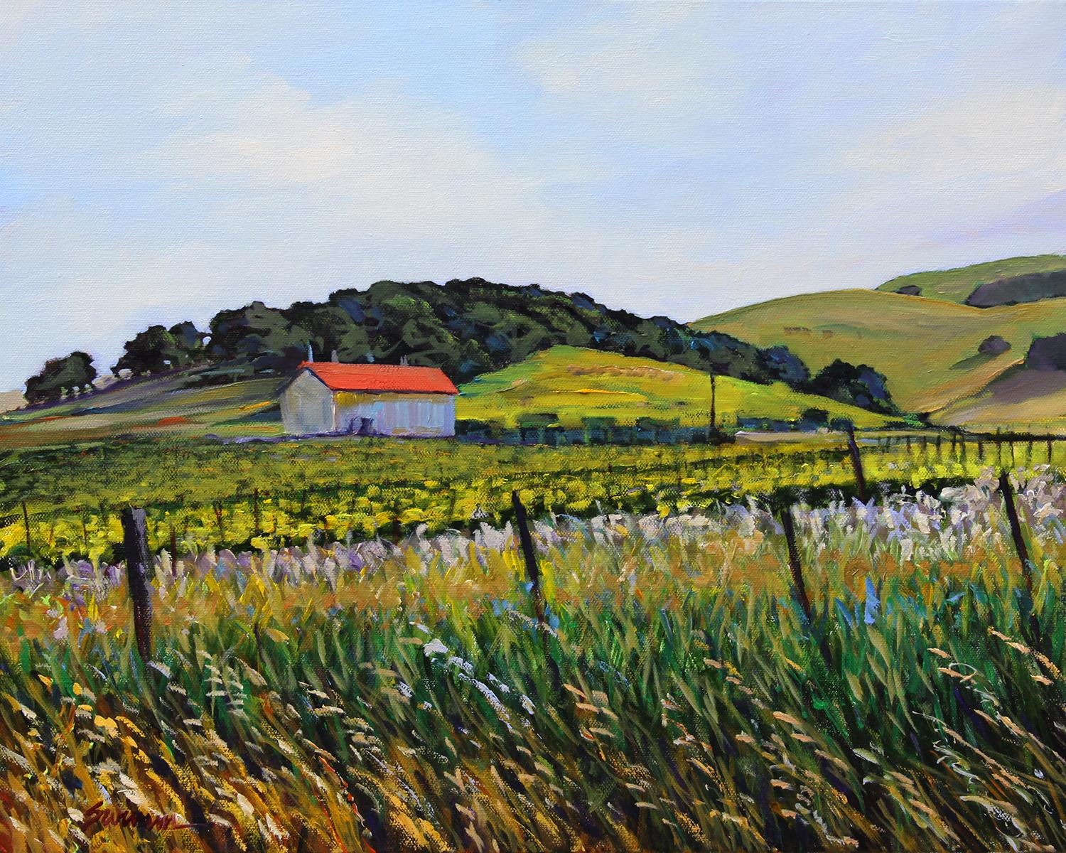 Tom Swimm Landscape Painting - "In The Vineyard" Colorful Fields Under Blue Skies