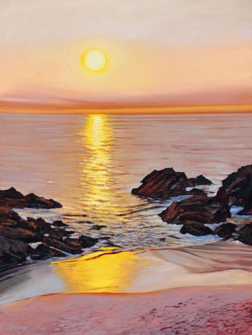 Laguna Sunset Sandy Beach With Colorful Water Reflections Oil Painting