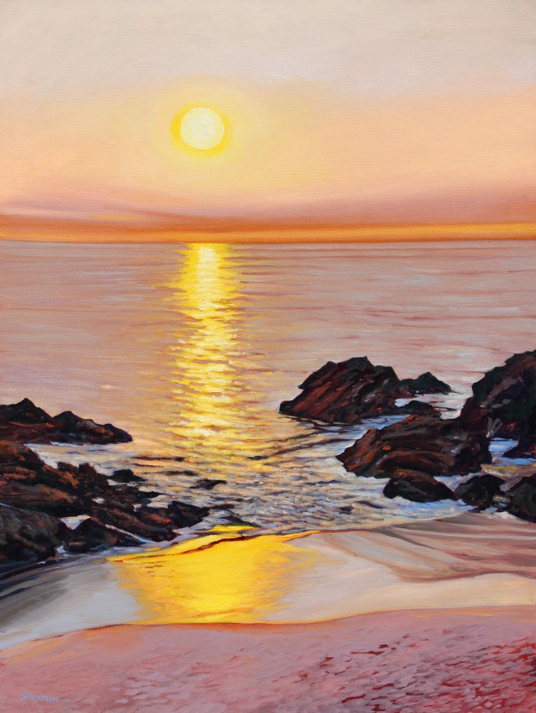 Laguna Sunset Sandy Beach With Colorful Water Reflections Oil Painting