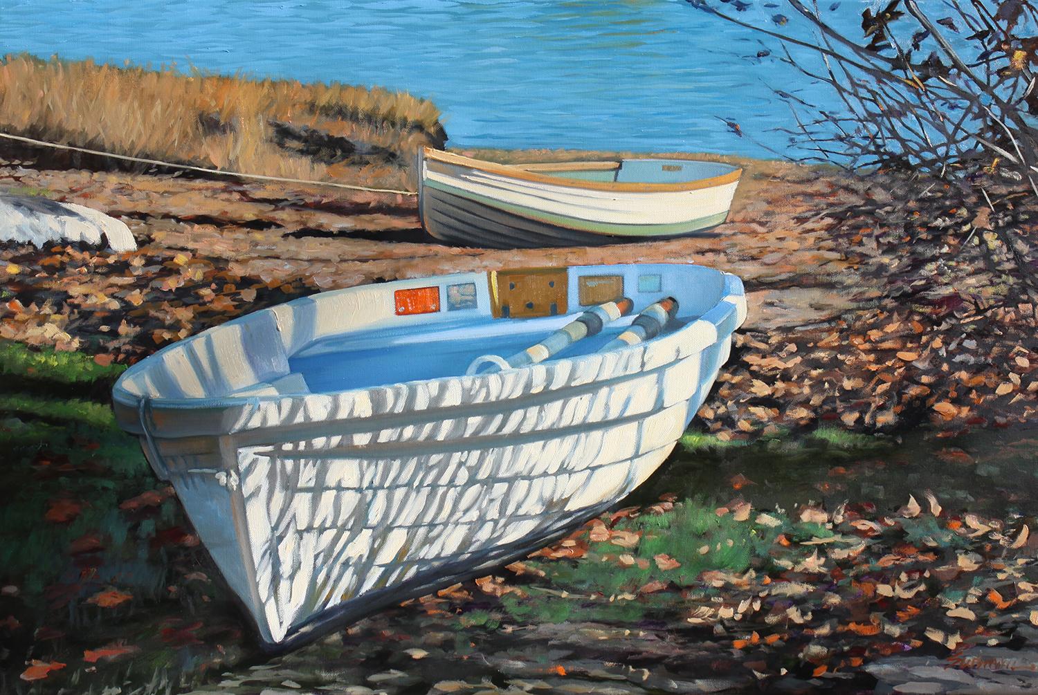 Tom Swimm Landscape Painting -  "Manchester By The Sea"  Row Boats on Shore With Rich Shadows