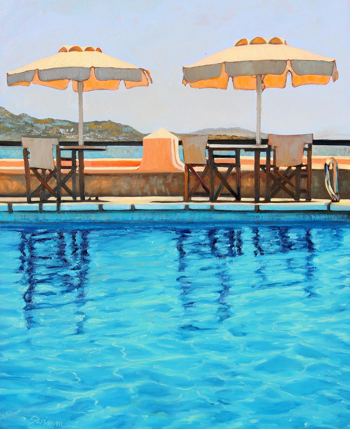 Tom Swimm Landscape Painting -  "Mediterranean Memories"  Seaside Pool With Glowing Water Reflections
