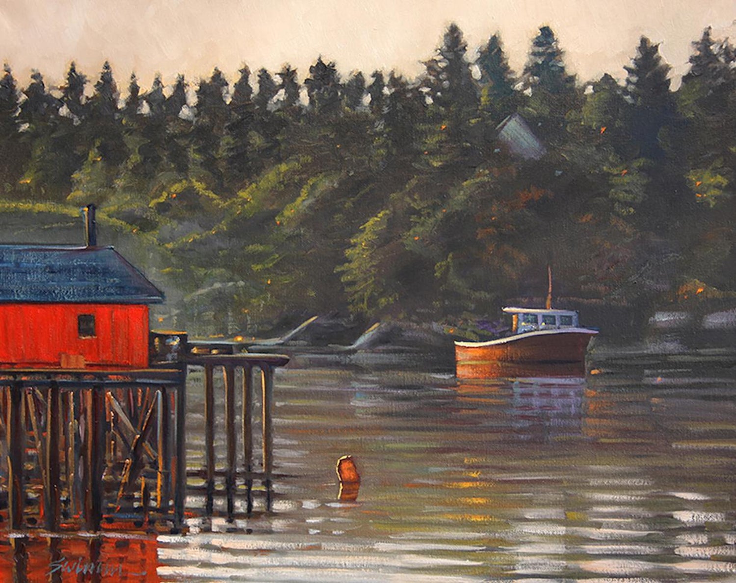 Tom Swimm Morning Mist Lakeside Dock With Water Reflections Oil Painting For Sale At 1stdibs