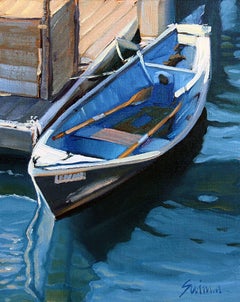 "Morro Bay Landing, "   Oil of Boat and shimmering water by Realist Tom Swimm