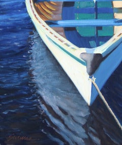 "Mystic Blues" Wooden Boat Tied Up With Glowing Water Reflections