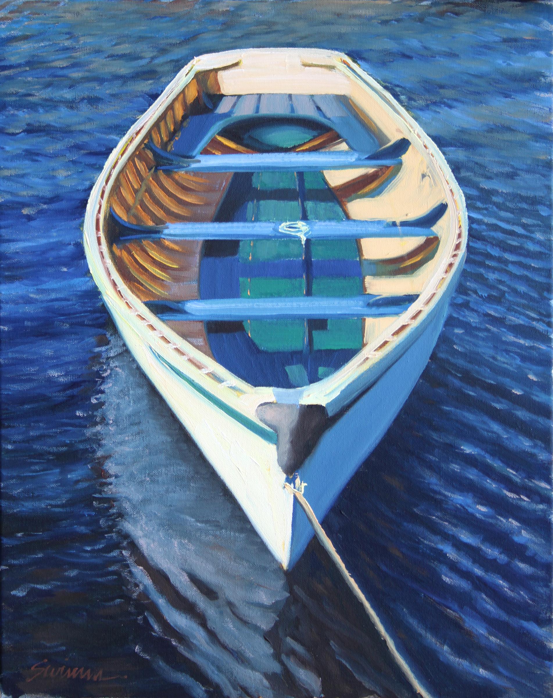 Tom Swimm Landscape Painting -  "Mystic Blues" Wooden Boat Tied Up With Glowing Water Reflections