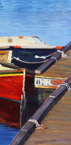 "New England Morning"  Row Boats With Deep Blue Water Reflections