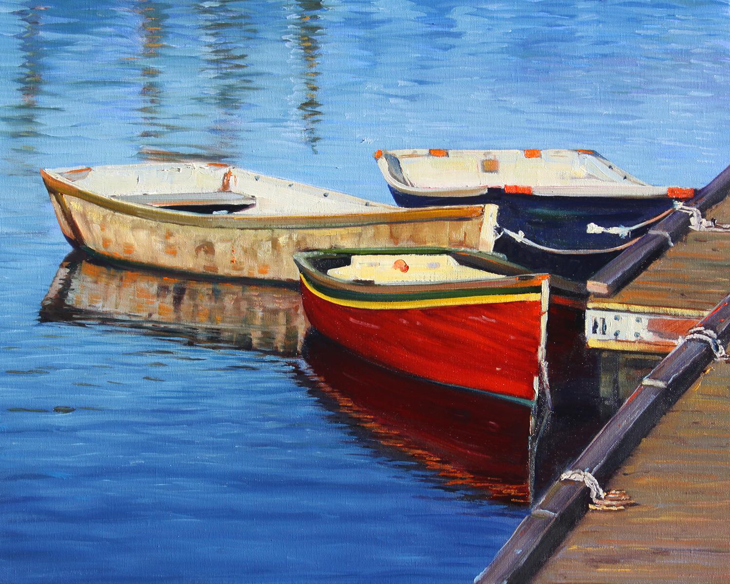 Tom Swimm Landscape Painting - "New England Morning"  Row Boats With Deep Blue Water Reflections