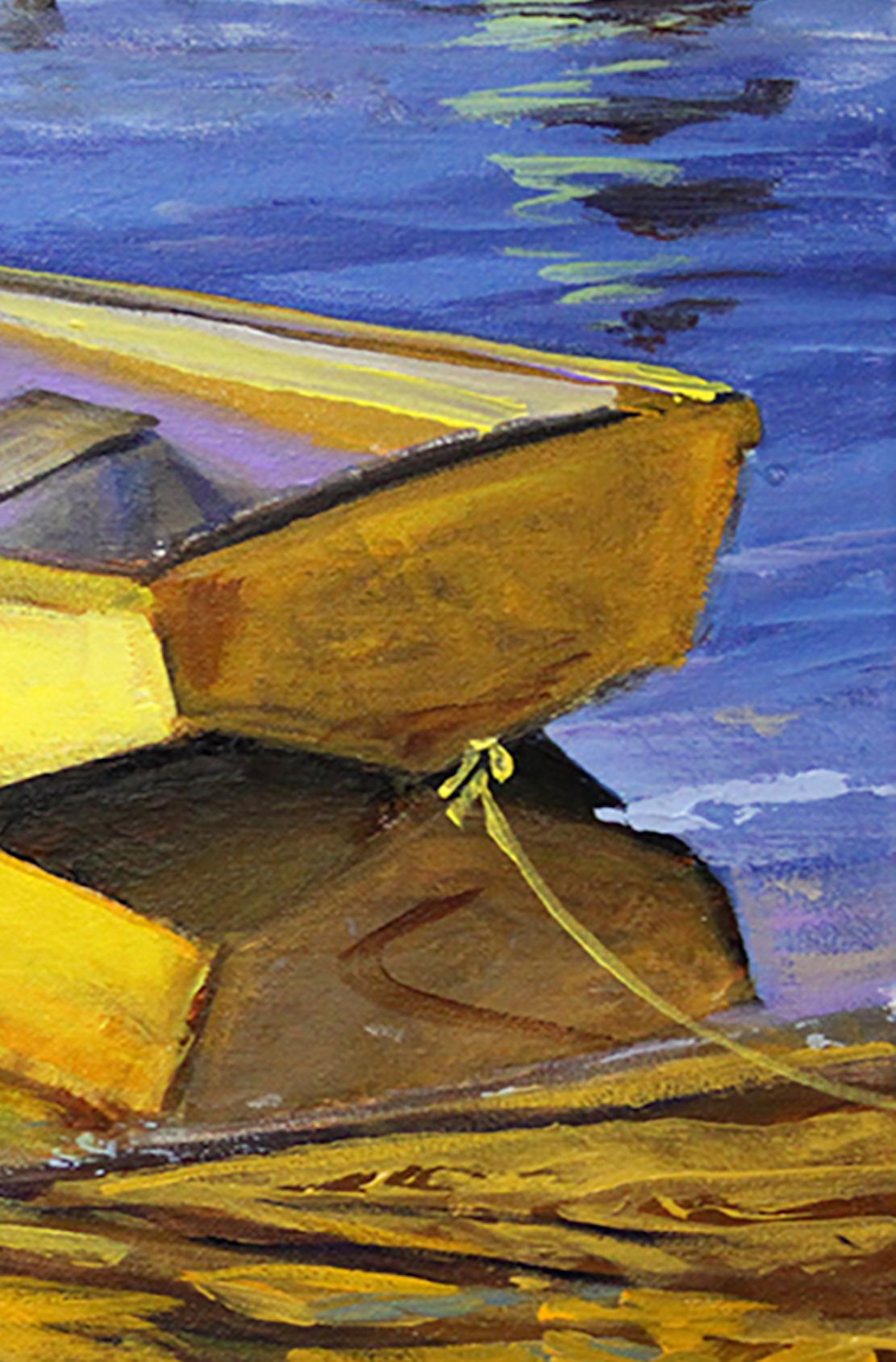  „Newport Gold“ Holzboot „Newport Tied Up On The Beach“ mit Wasserreflektoren (Amerikanischer Realismus), Painting, von Tom Swimm