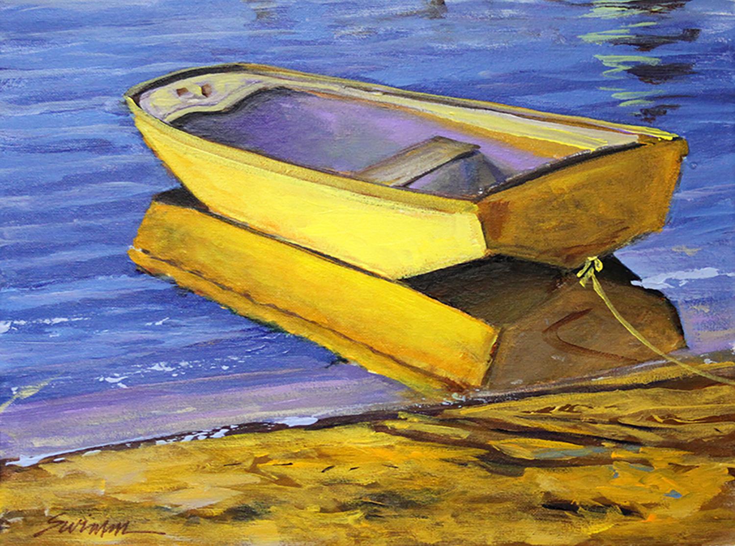 Tom Swimm Landscape Painting –  „Newport Gold“ Holzboot „Newport Tied Up On The Beach“ mit Wasserreflektoren