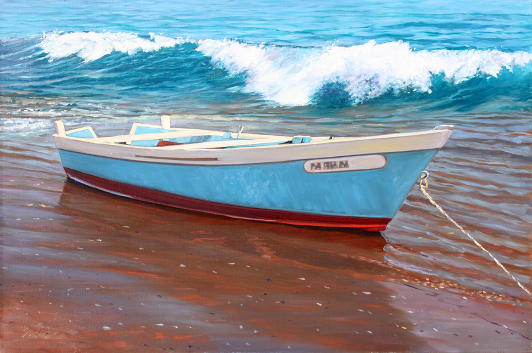 Tom Swimm Landscape Painting -  "Newport Shore"  Fishing Boat on Beach With Breaking Waves