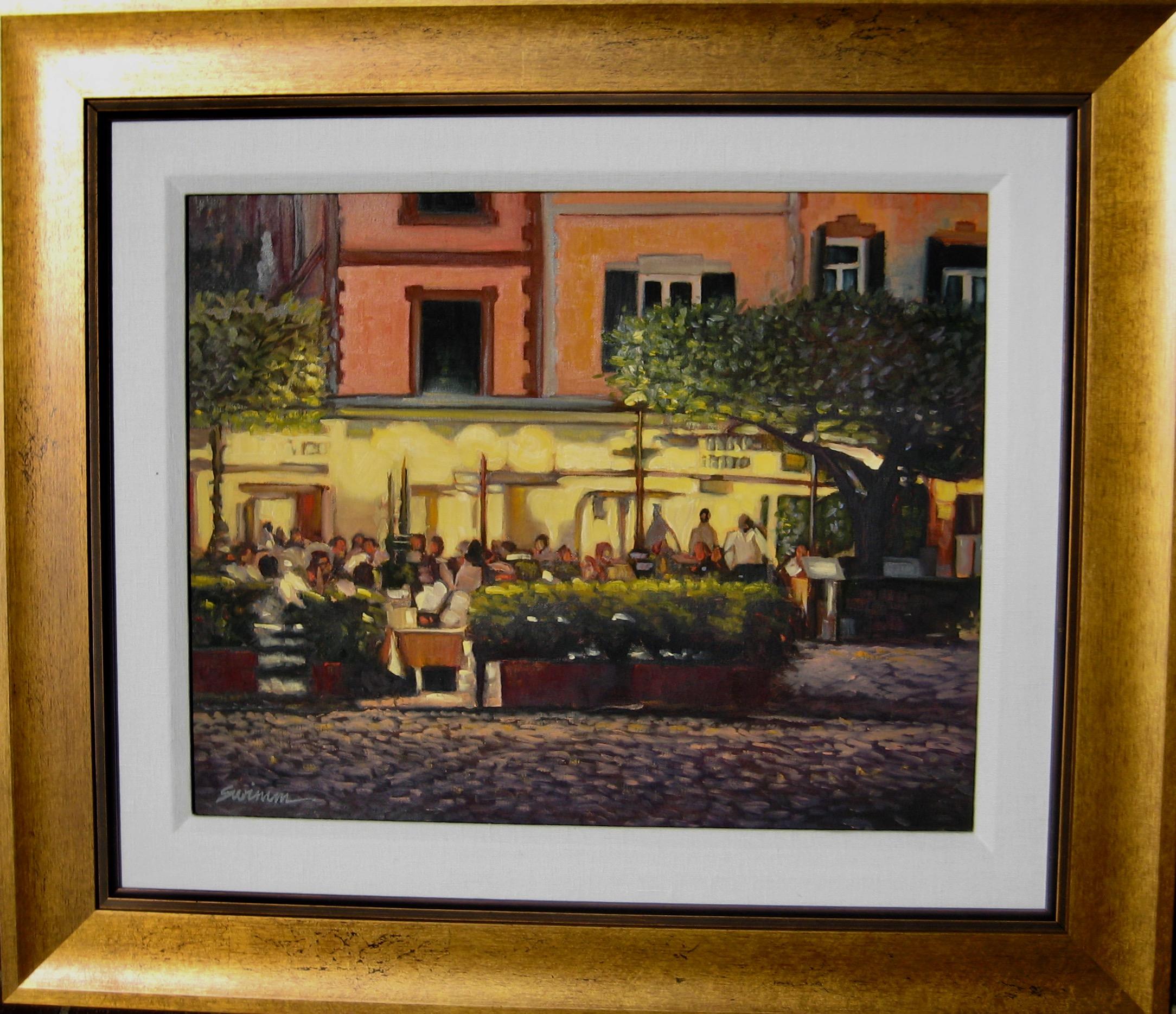   Glowing lights and warm purple, lavenders and golds of the rippling water highlight this inviting Italian night scene. 