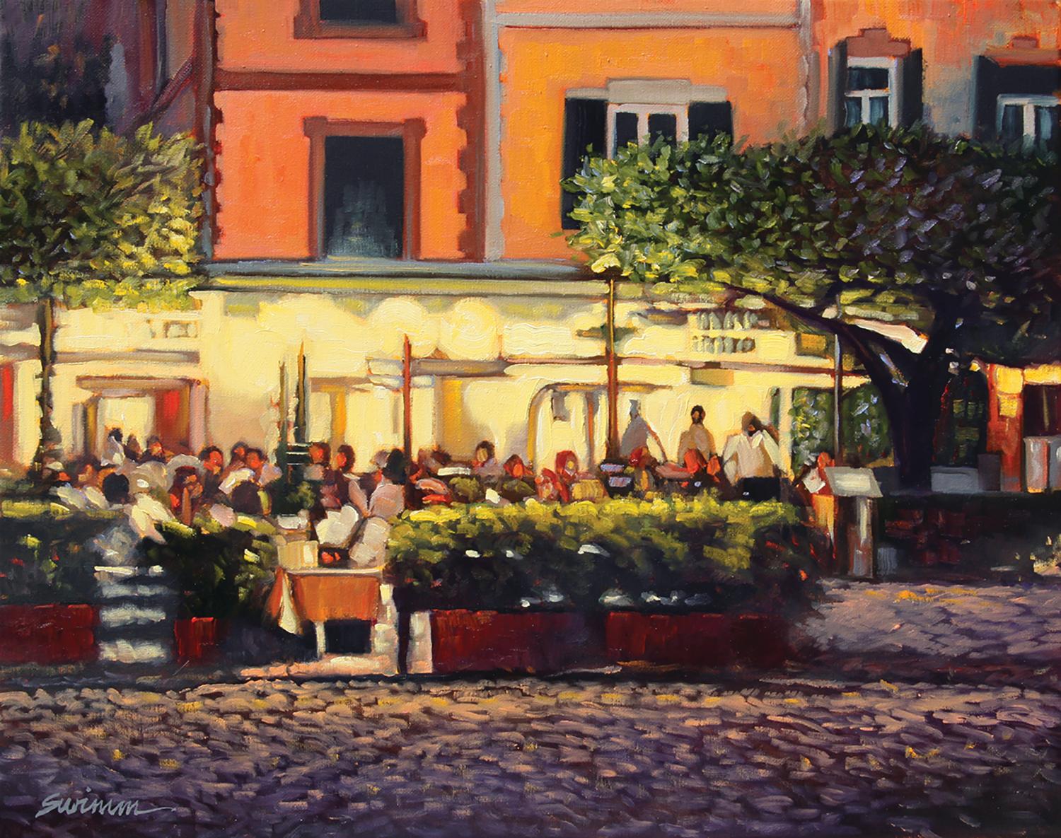 Tom Swimm Landscape Painting -  "Night At The Ristorante"  Oil Painting of Italy 