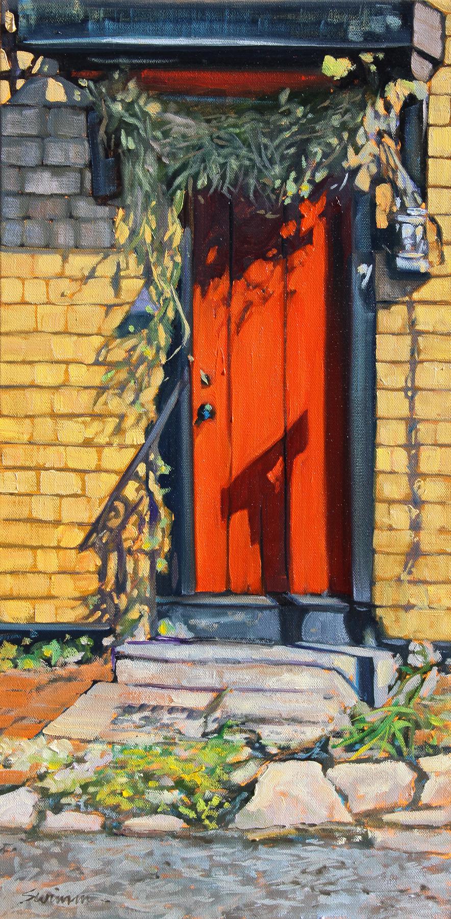 Tom Swimm Landscape Painting -  "Old Harbor Road"  Red Door In Brick Wall with Vine Shadows