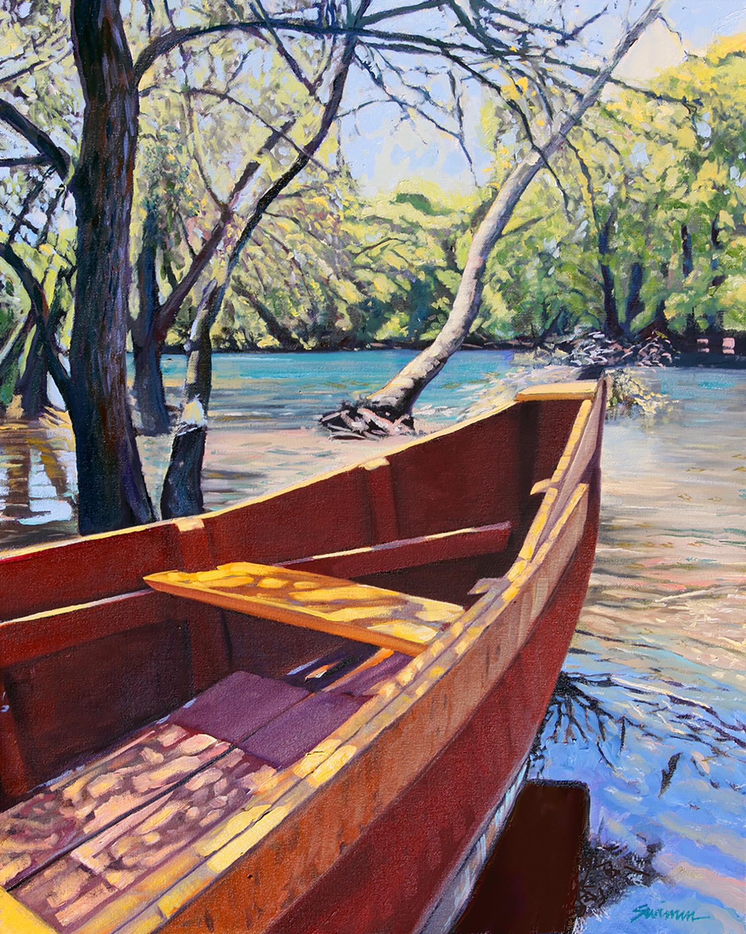Tom Swimm Landscape Painting -  "On The Bayou"  Boat With Brilliant Water Reflections Oil Painting